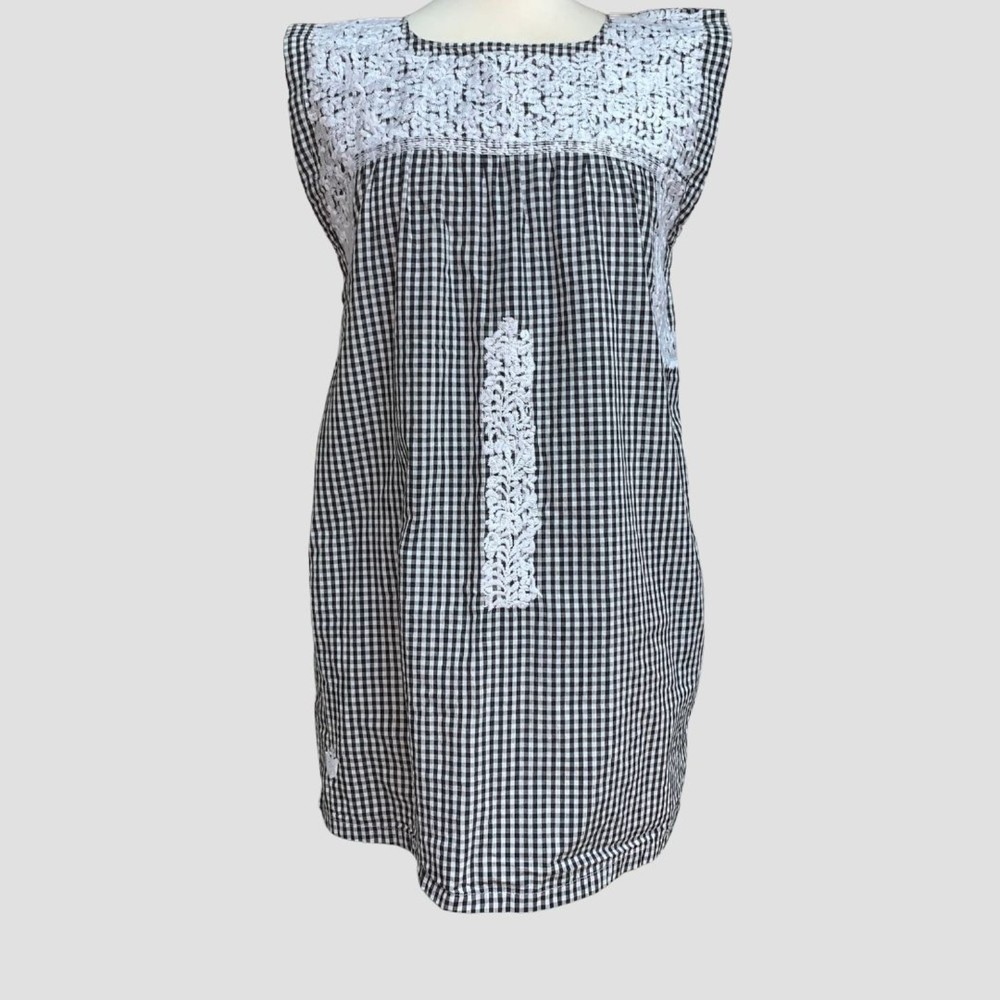 J.Marie Black White Gingham White Embroidered Shift Dress size S